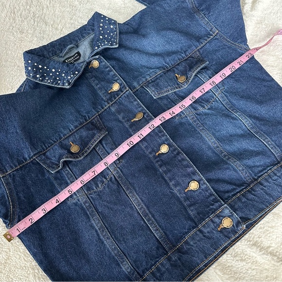 Bebe Women’s Y2K Cropped Embellished Bling Denim Jean Jacket Dark Wash Size Med - Picture 6 of 8